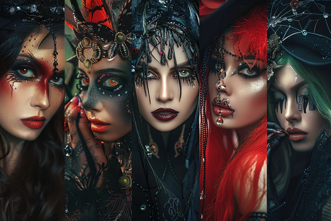 Voorkant -FiestaMágica Ventas A collage showcasing different themed horrific Halloween makeup looks